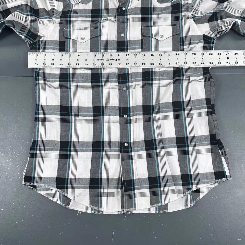 VTG Wrangler Shirt Men Large White Black Turquoise Plaid Pearl Snap USA Made 90s - Picture 5 of 8